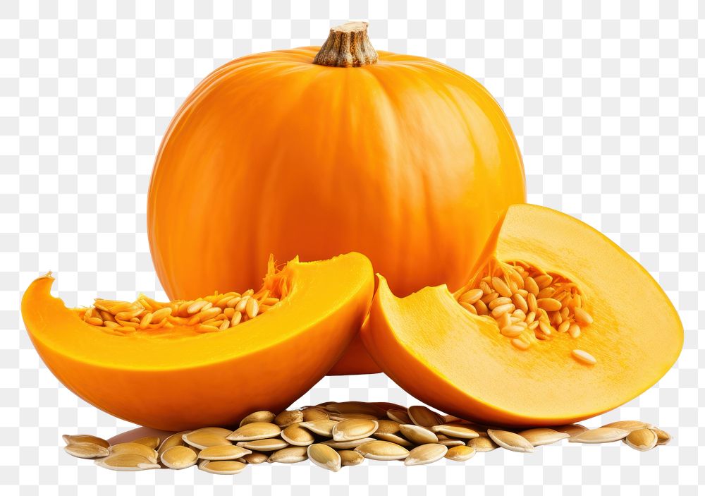 PNG Cut ripe orange pumpkin and seeds vegetable plant food.