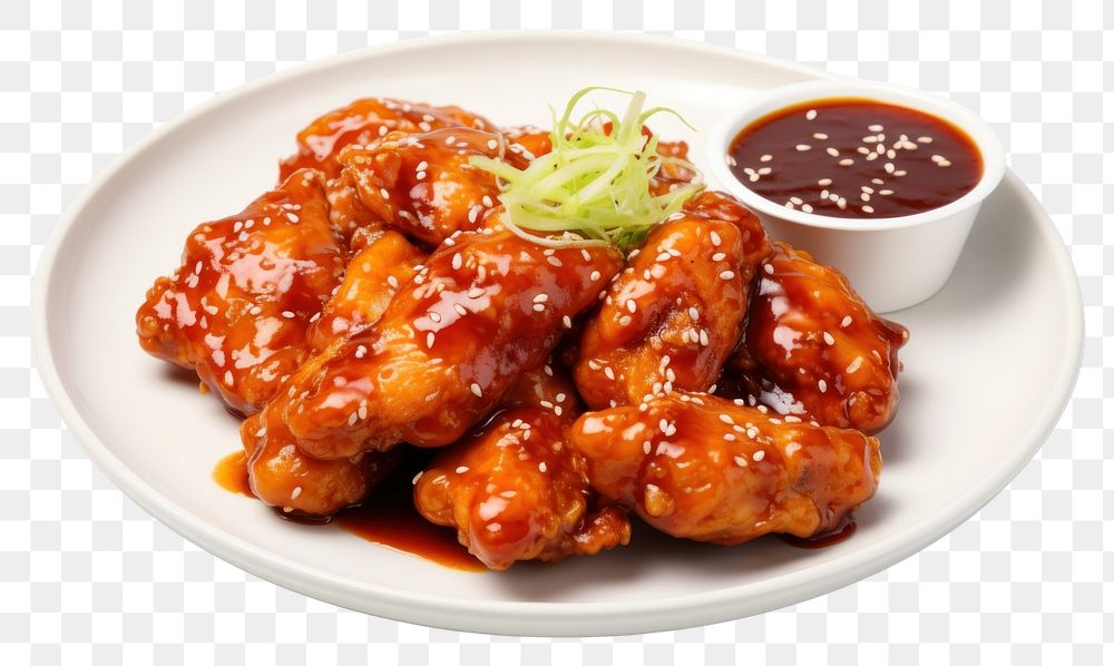PNG Korean fried chicken with juicy sauce plate food condiment