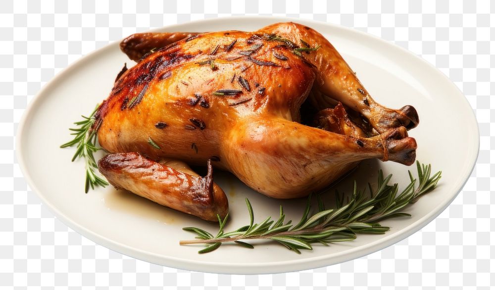 PNG Roasted roast chicken with rosemary and sage spray on a white plate dinner meat food.