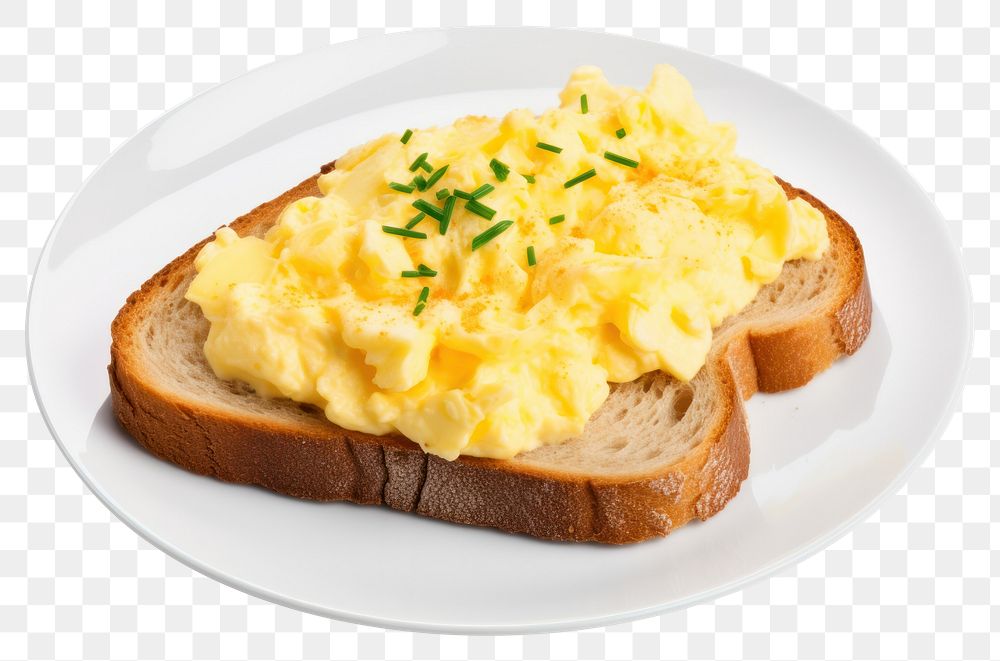 PNG Scrambled eggs on sourdough toast bread plate food.