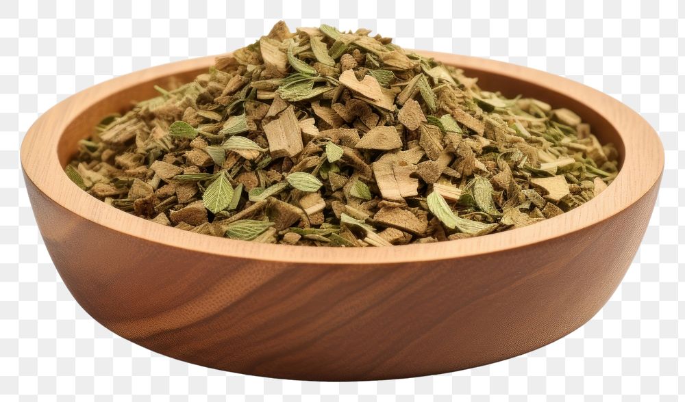 PNG Dried oregano chopped on wooden bowl spice plant food.