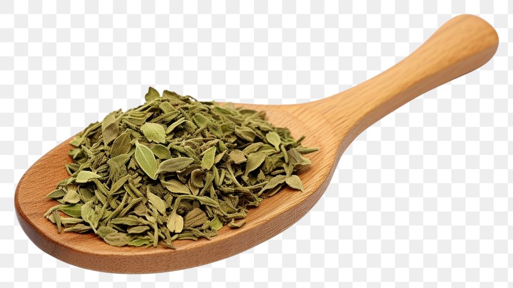 PNG Dried oregano chopped on wooden spoon spice food ingredient.