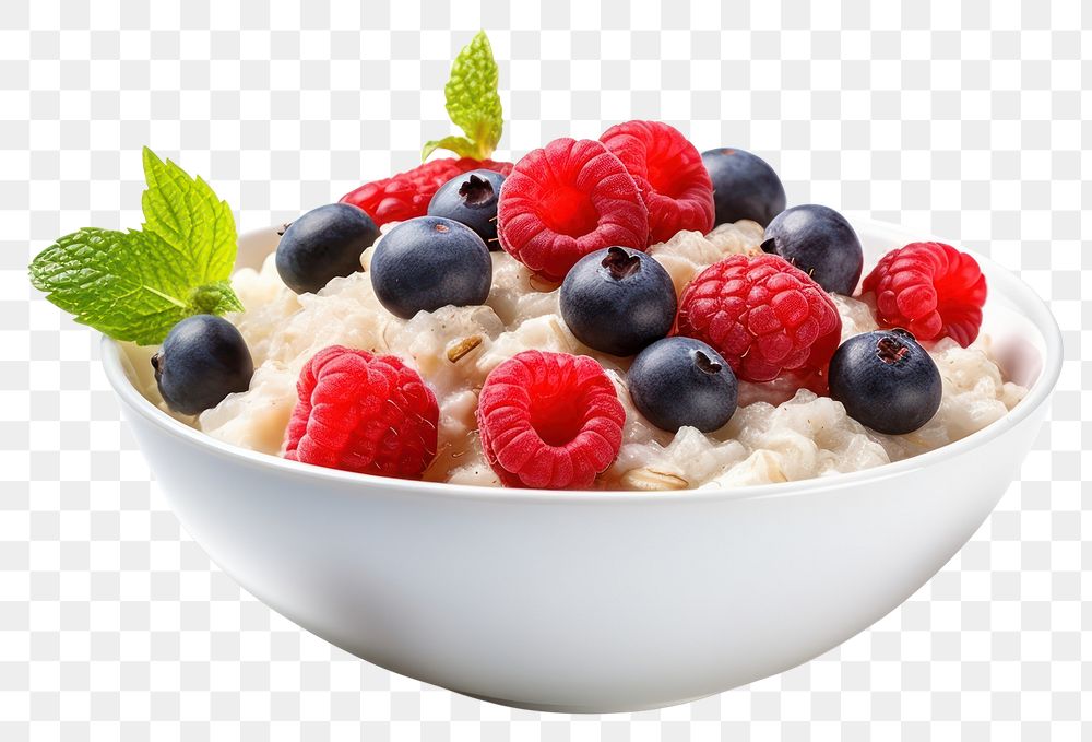 PNG Oatmeal bowl with mixed berries blueberry raspberry fruit.