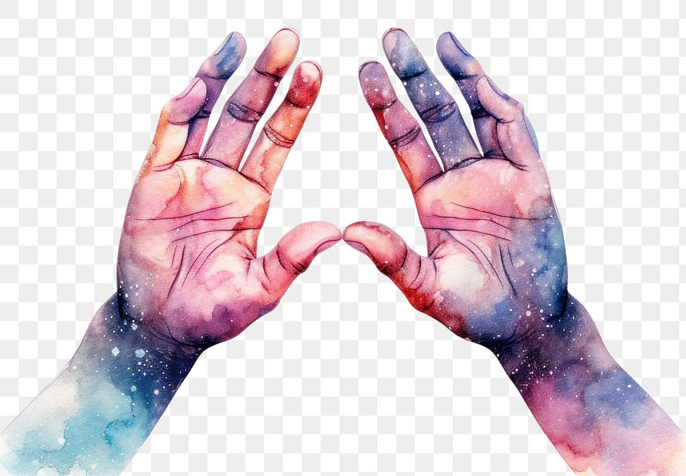 PNG 2 hands spread out in Watercolor style finger human white background.