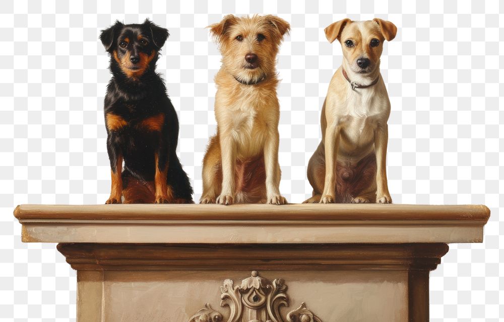 PNG Three adorable dogs standing proudly on a contest podium painting pet mammal.