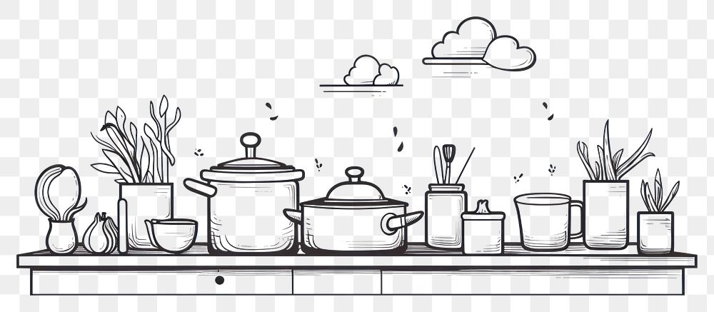 PNG Kitchen scene sketch drawing line.