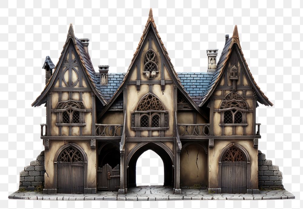 PNG Gothic village architecture building white background dollhouse.