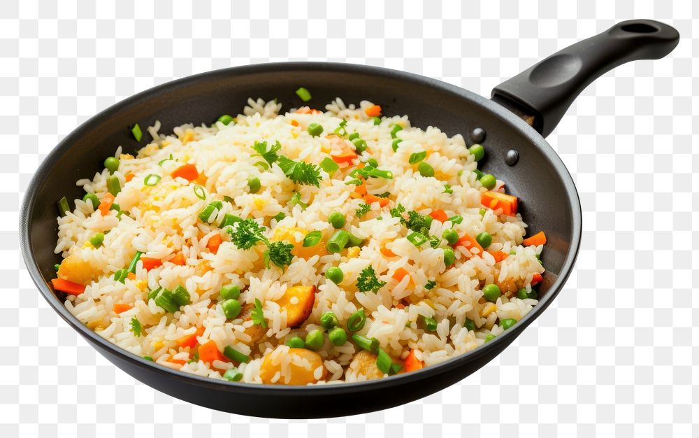 PNG Fried rice in pan food white background vegetable.