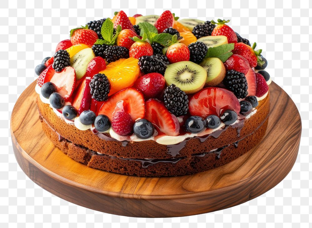 PNG Fruit cake on wood board fruit blueberry raspberry.