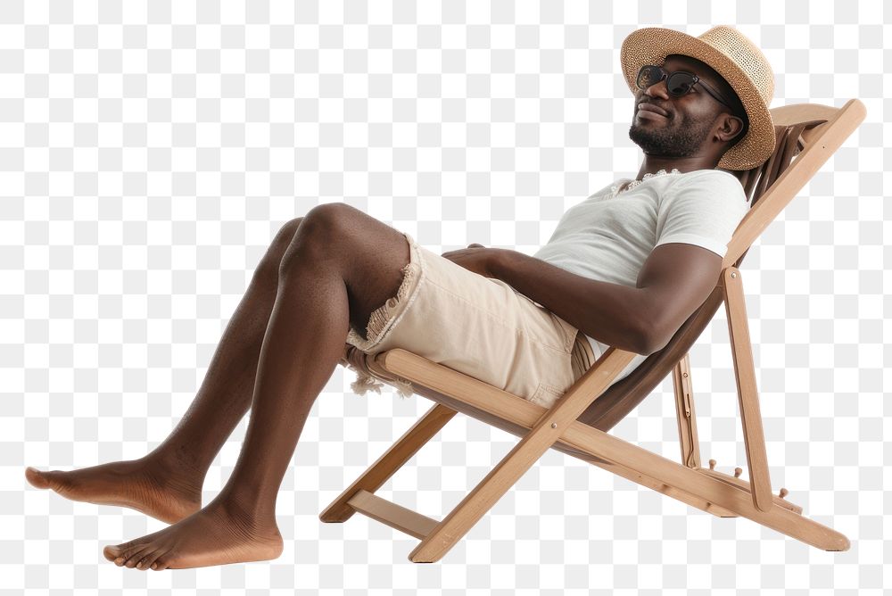 PNG Photo of black man lay on beach chair sunbathing furniture sitting.
