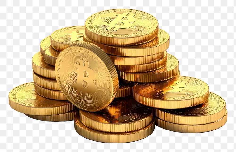 PNG Bitcoin pile gold money white background.