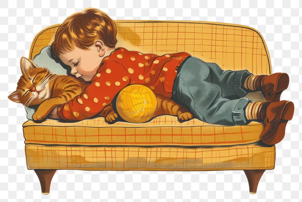 PNG Vintage illustration of little boy furniture sleeping mammal.