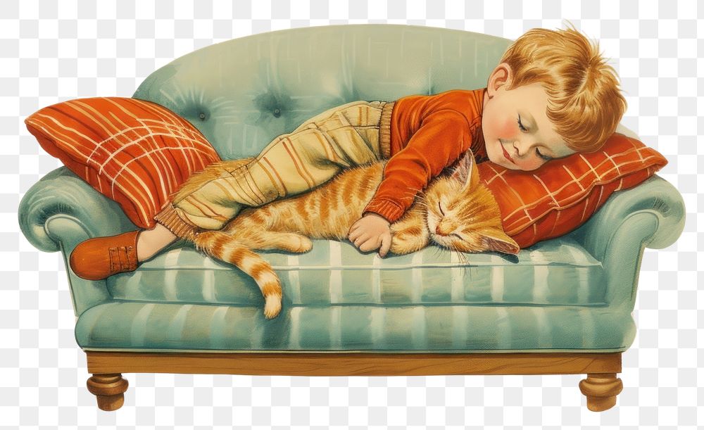 PNG Little boy sleeping on the couch furniture cushion mammal.