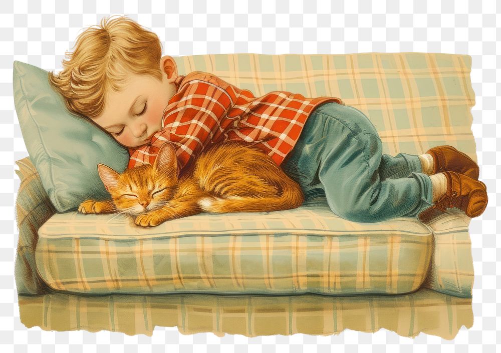 PNG Little boy sleeping on the couch furniture blanket mammal.