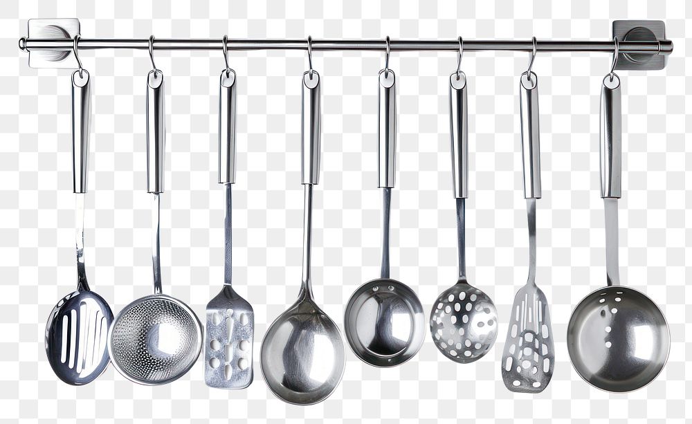 PNG Kitchen utensils wall mounted chrome ladle spoon white background