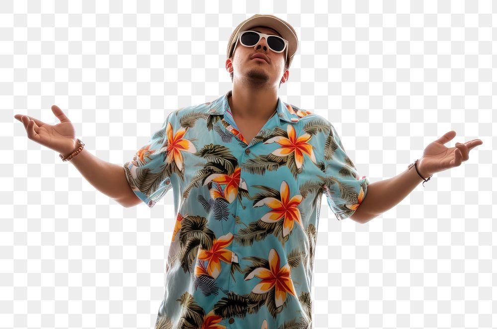 PNG Man wear Hawaiian shirt sunglasses hand white background.