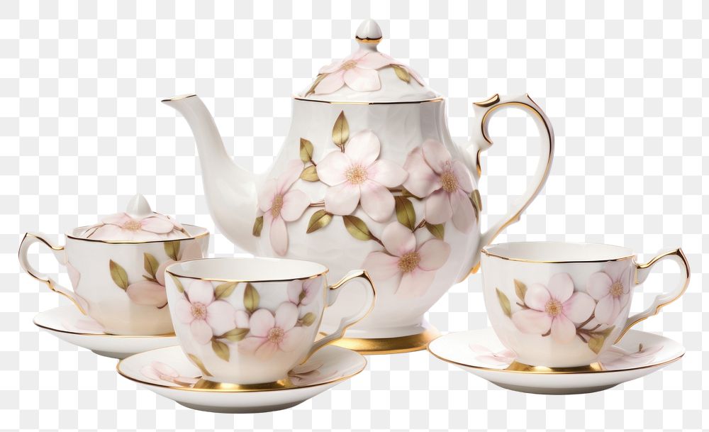 PNG  Floral tea set porcelain teapot saucer. AI generated Image by rawpixel.
