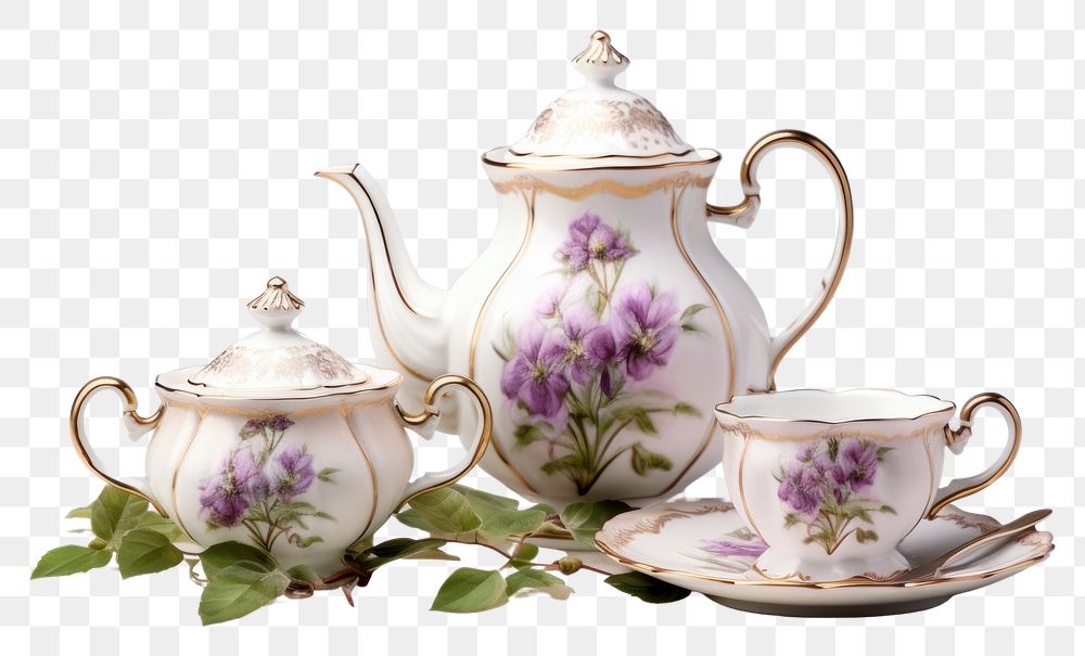 PNG  Floral tea set porcelain teapot saucer. AI generated Image by rawpixel.