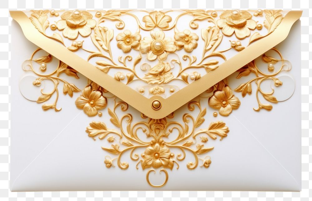 PNG  Gold floral letter envelope white white background jewelry. AI generated Image by rawpixel.