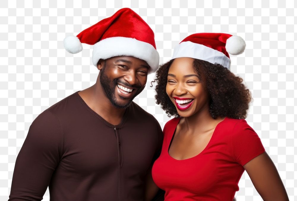 PNG  Happy black couple wearing Christmas hat christmas laughing portrait. AI generated Image by rawpixel.