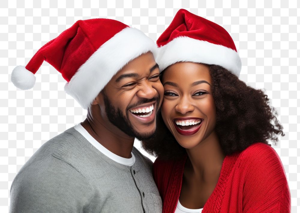 PNG  Happy black couple wearing Christmas hat christmas laughing adult. AI generated Image by rawpixel.
