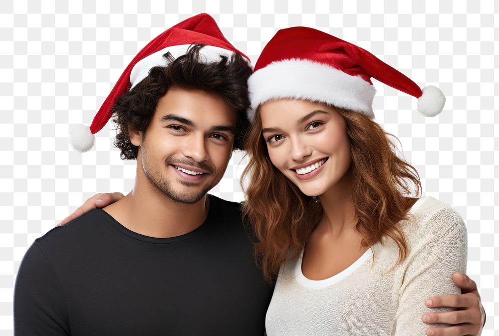 PNG  Happy diverse couple wearing Christmas hat christmas portrait adult. AI generated Image by rawpixel.