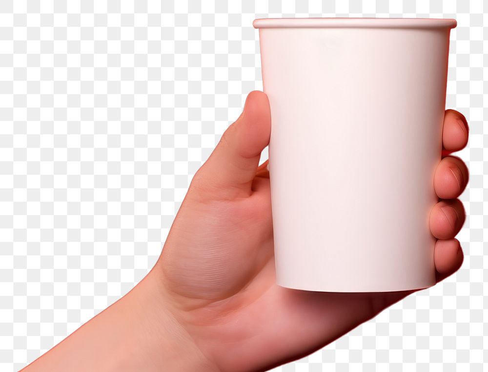PNG Coffee cup mockup curtain holding hand.