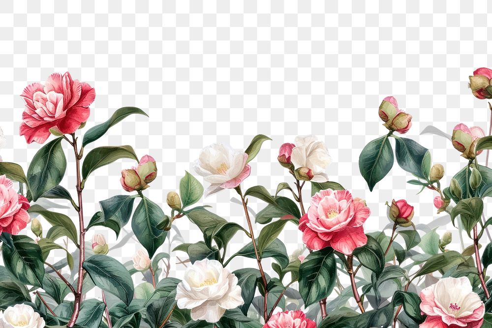 PNG  Camellias border painting blossom flower.