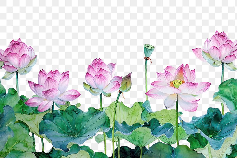 PNG  Lotus flowers border painting blossom nature.
