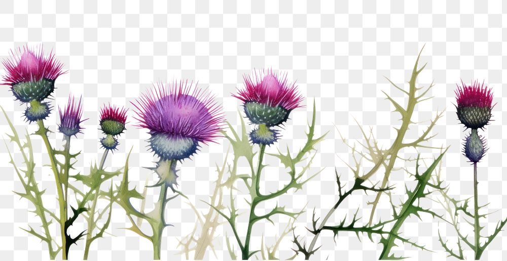 PNG Thistle watercolor border blossom flower plant.