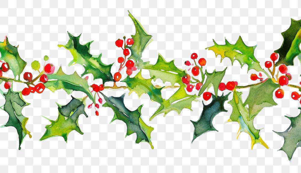 PNG Holly flower watercolor border pattern plant leaf.