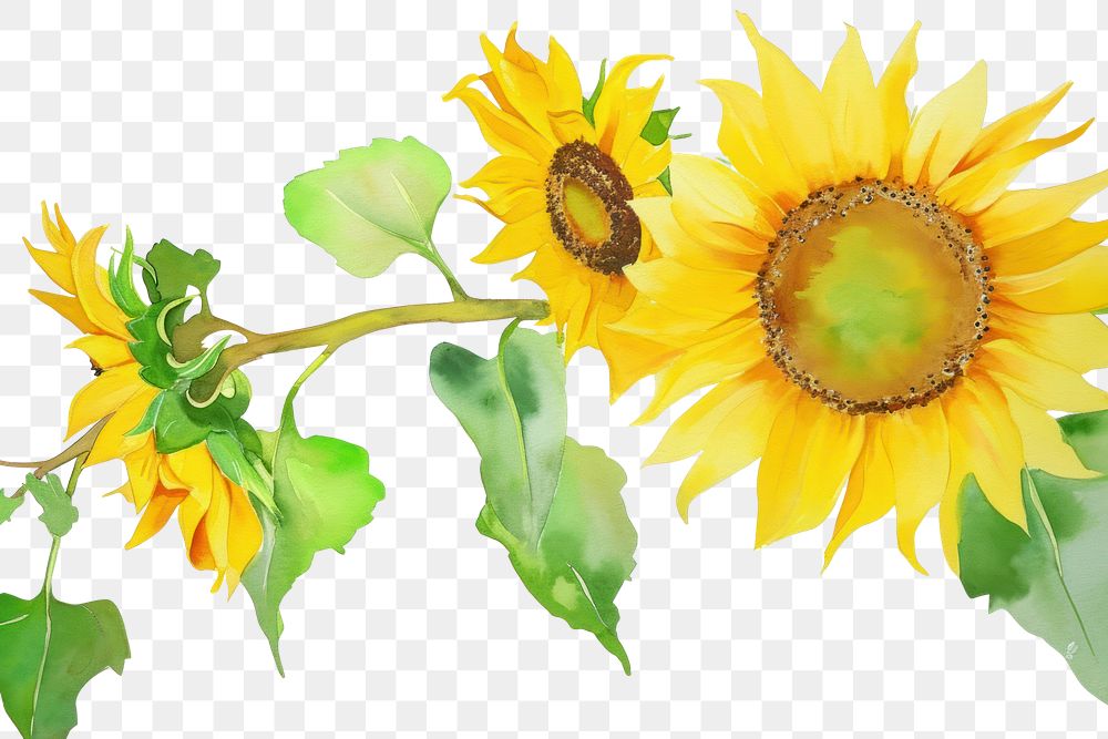PNG Sunflower watercolor border plant leaf white background.