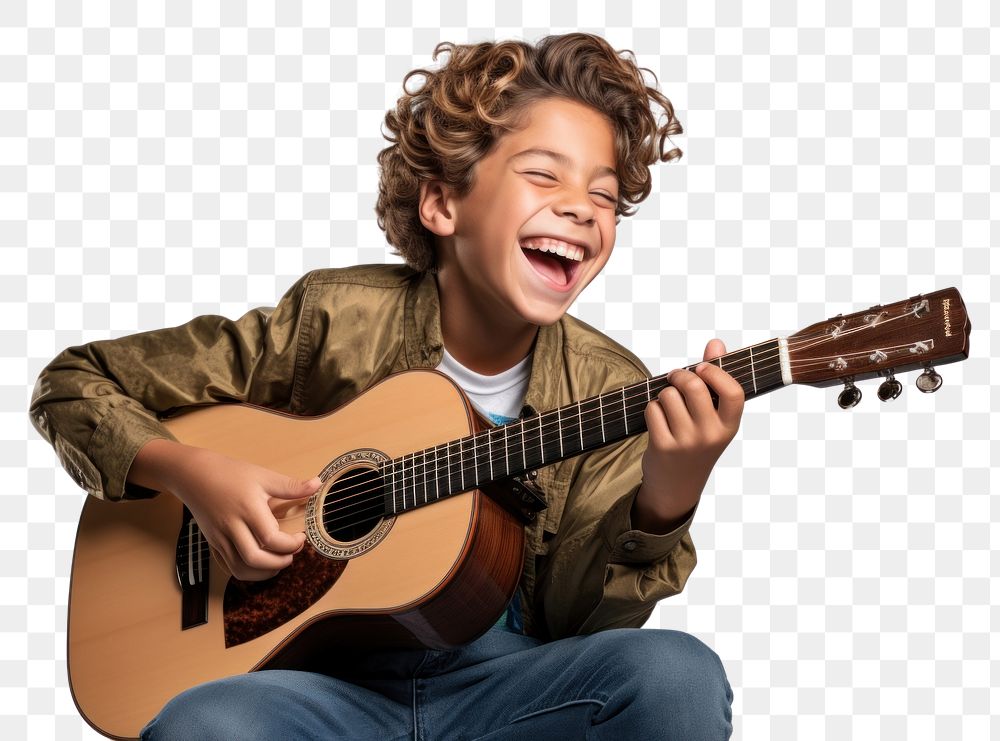 PNG Young boy playing acoustic guitar musician smiling happy.