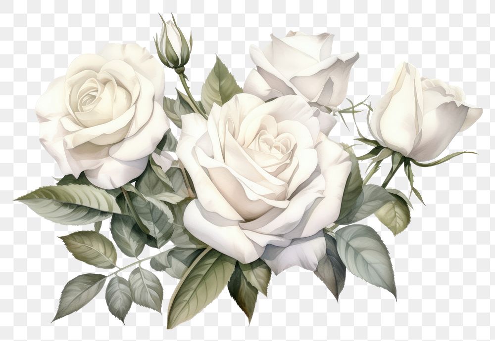 PNG Botanical illustration white rose bouquet flower plant inflorescence.