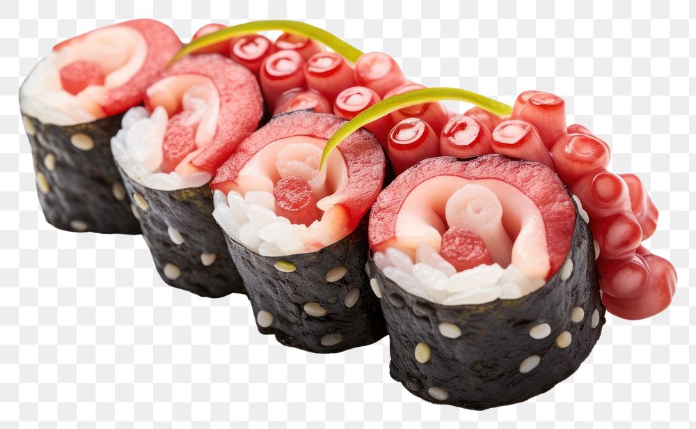 PNG Octopus sushi food dish white background.