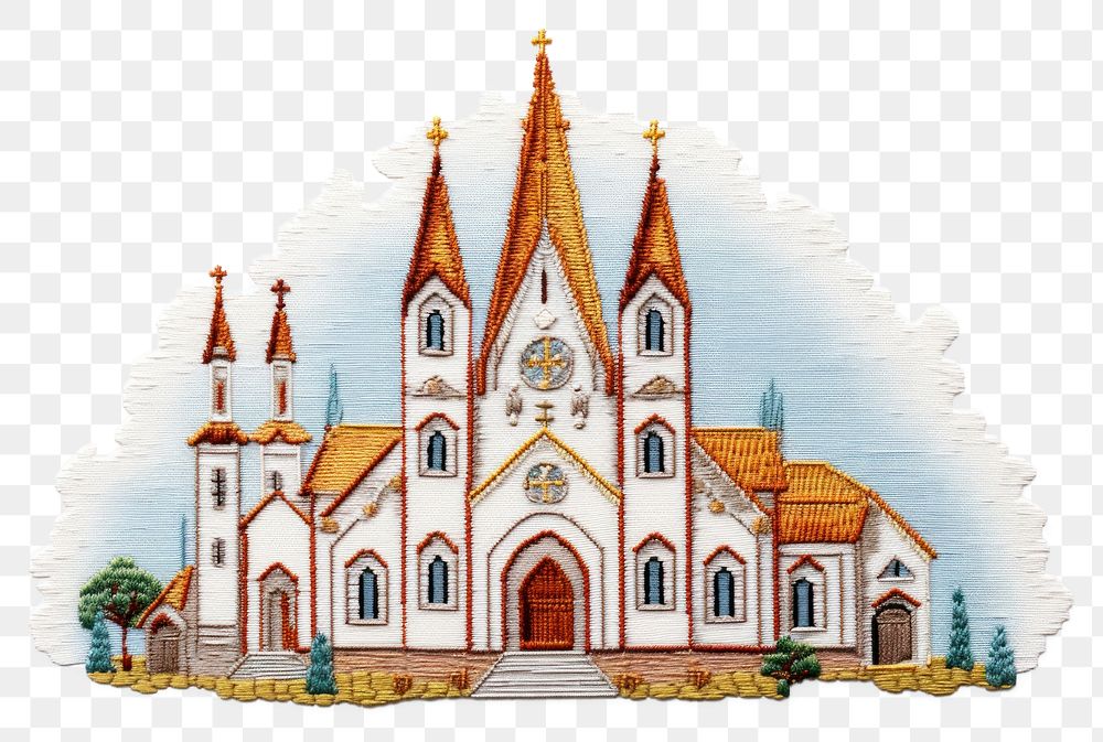 PNG  Church in embroidery style architecture building drawing.