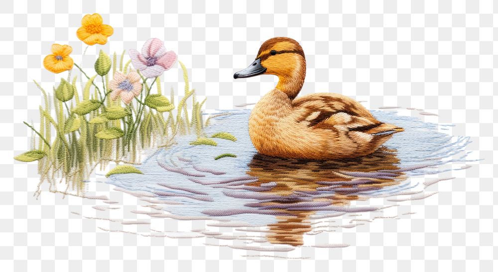 PNG  Duck in embroidery style animal plant bird.