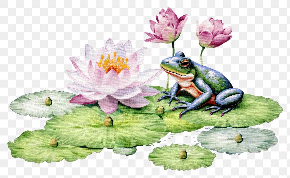 PNG  Lotus and frog in embroidery style amphibian wildlife flower.