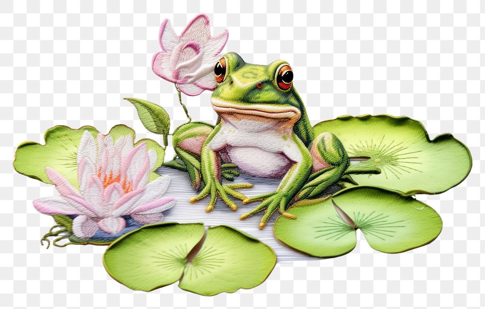 PNG  Lotus and frog in embroidery style amphibian flower animal.