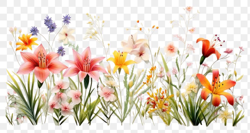 PNG  Lily meadow in embroidery style flower plant inflorescence.