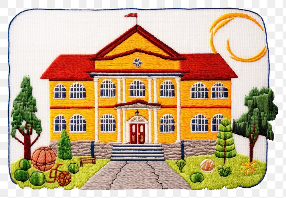 PNG  School in embroidery style architecture building pattern.