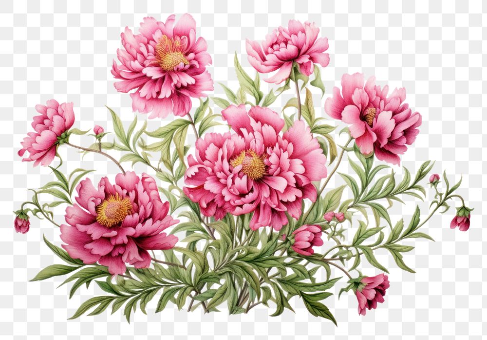PNG  Peony meadow in embroidery style flower dahlia plant.