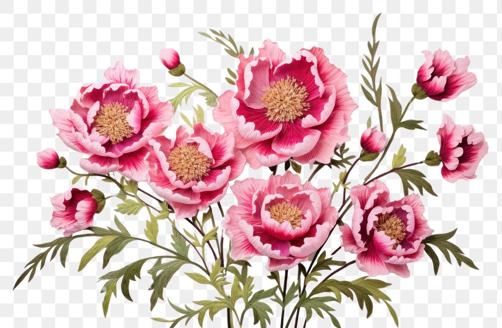 PNG  Peony meadow in embroidery style blossom flower plant.