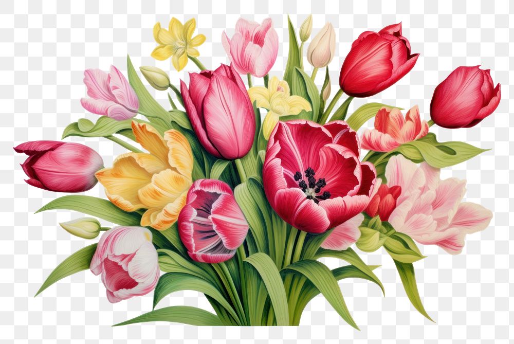 PNG  Tulip bouquet in embroidery style flower plant inflorescence.