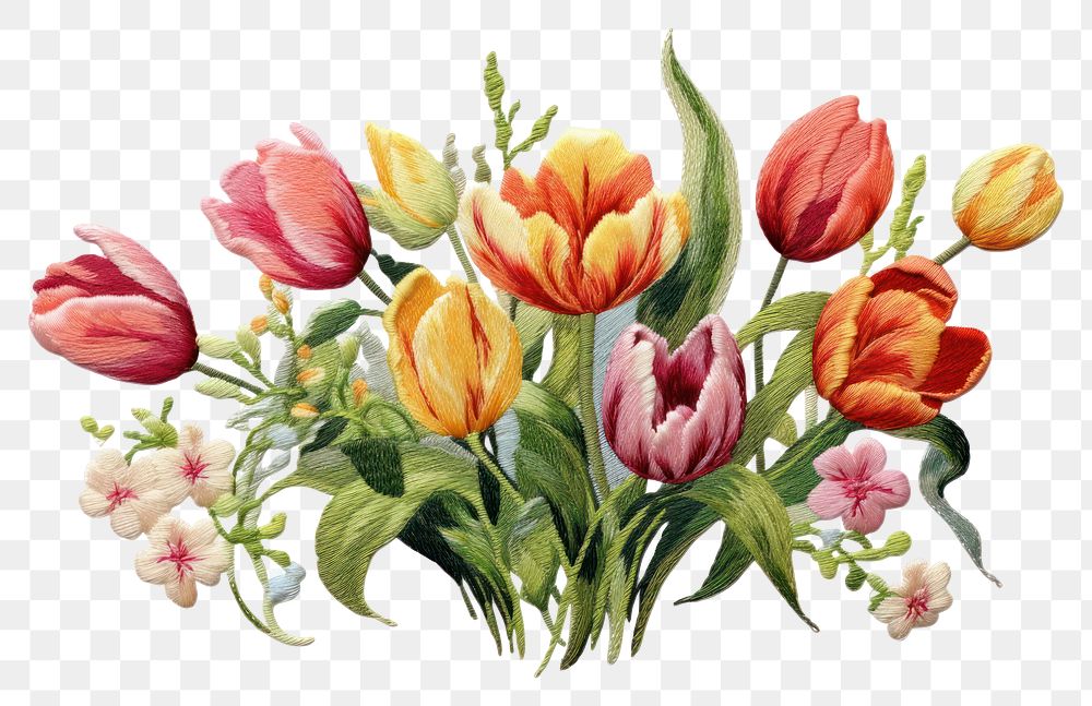 PNG  Tulip bouquet in embroidery style painting flower plant.