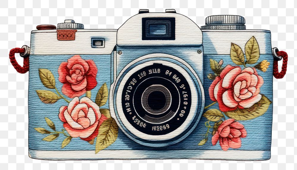 PNG  Vintage camera in embroidery style pattern photographing electronics.