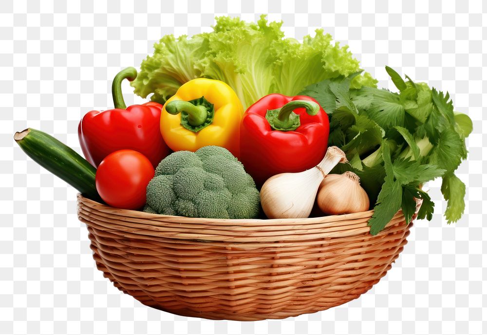 PNG  Vegetables in the small basket plant food white background.