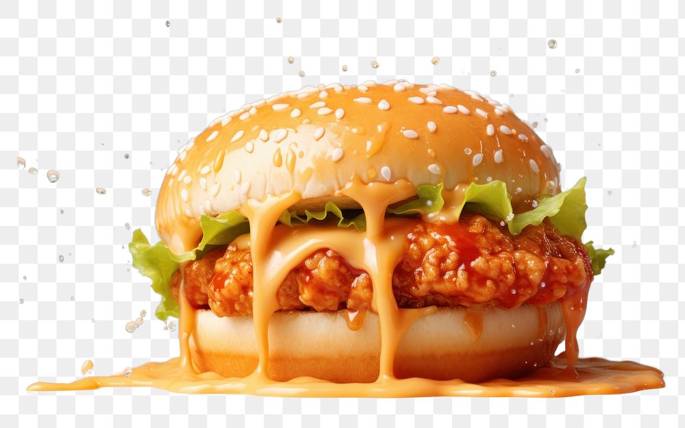 PNG Chicken burger and liquid cheese food hamburger condiment.