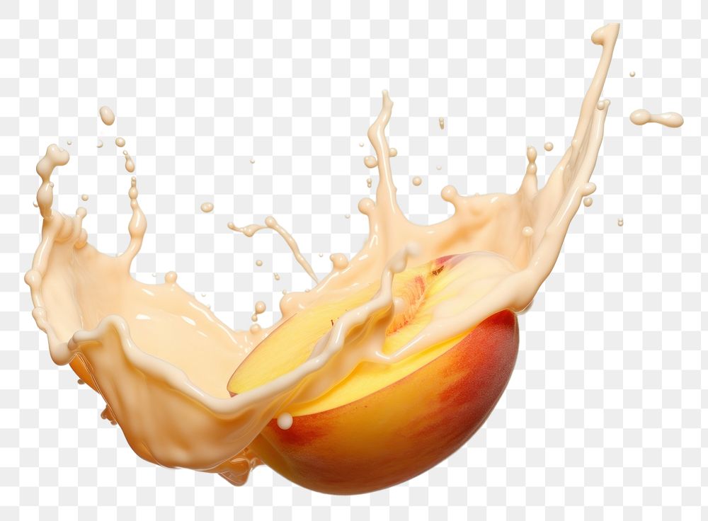 PNG  Peach with milk splash falling macro photography misfortune.