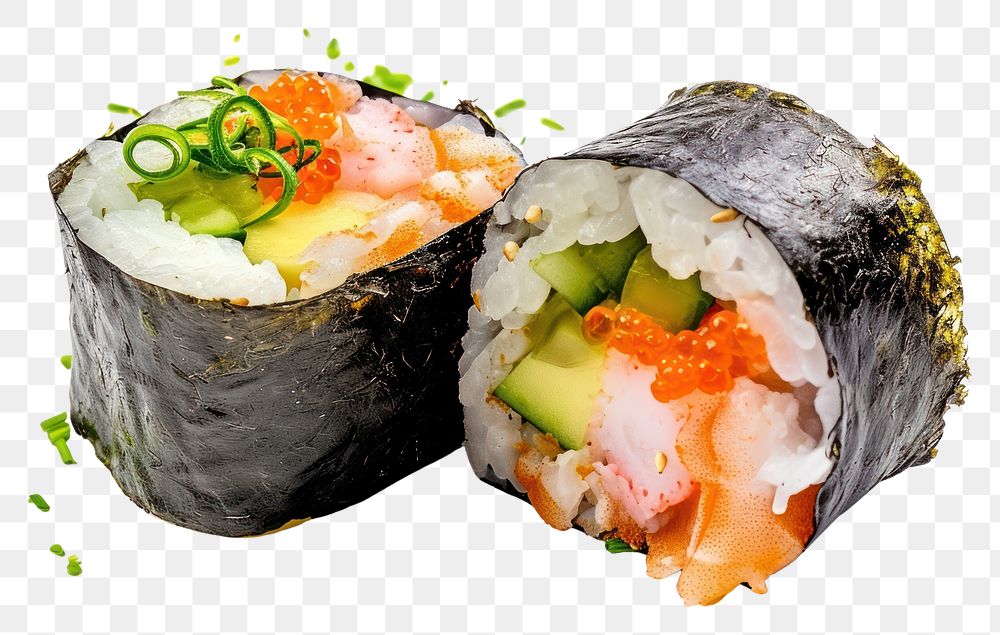 PNG Sushi with cut in half sushi rice food.